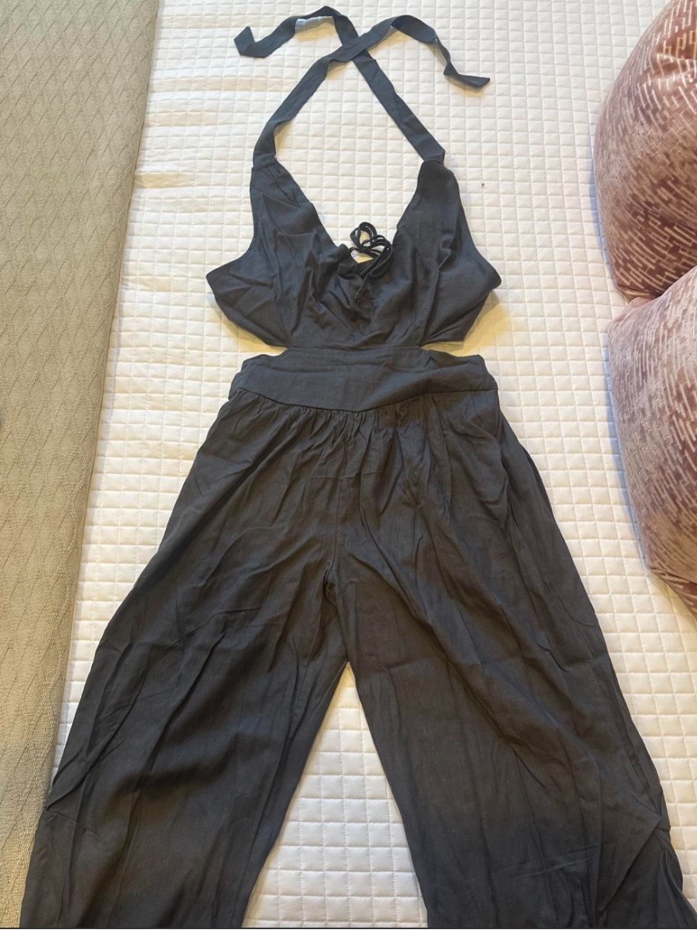 Free People Gray Halter Jumpsuit with cutout sides and tie back L
